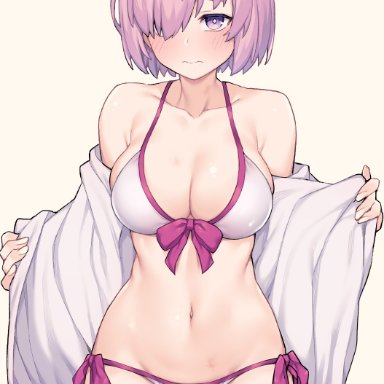 3:, bangs, bare shoulders, beige background, bikini, blush, bow, breasts, clavicle, cleavage, closed mouth, cowboy shot, embarrassed, eyebrows visible through hair, fate (series)