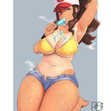 1girls, armpits, big breasts, blue eyes, brown hair, curvy figure, female, hat, hilda (pokemon), huge thighs, ice cream, long hair, nintendo, pokemon, pokemon bw