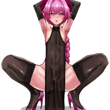 1boy, 2020, absurd res, areola slip, areolae, armpits, arms above head, arms up, arunichimaru, astolfo (fate), bare shoulders, black dress, black gloves, blush, bound wrists