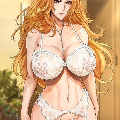 big breasts, bleach, blue eyes, clothed female, female, female focus, female only, krabby (artist), long hair, looking at viewer, matsumoto rangiku, mature female, mole under mouth, nipples, nipples visible through clothing