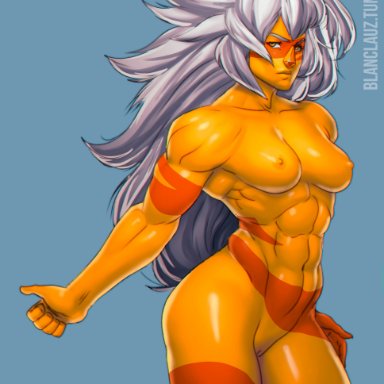 1girl, abs, blanclauz, blue background, jasper (steven universe), large breasts, long hair, looking at viewer, muscular, muscular female, nude, orange skin, pose, shiny skin, solo