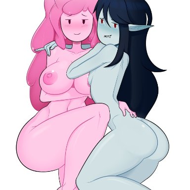 2girls, adventure time, ass, biting lip, black hair, breast size difference, grey skin, large breasts, long hair, looking at viewer, marceline, milky way (artist), nude, pink hair, pink skin