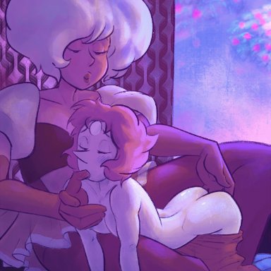 arched back, ass, bent over, closed eyes, finger in mouth, fingering, giantess, lesbian, nude, pale skin, pearl (steven universe), pink diamond (steven universe), pink skin, sex, size difference