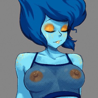 1girl, blue hair, blue skin, body freckles, camisole, closed eyes, crop top, eyeshadow, fishnet, fishnet top, freckles, grey background, lapis lazuli (steven universe), large breasts, makeup