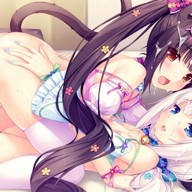 :d, 10s, 2girls, aftersex, all fours, animal ears, animated, areolae, ass, ass grab, back, bangs, bare shoulders, bed, bell