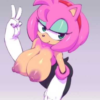 alternate version available, amy rose, breasts out, eyes half open, huge areolae, huge breasts, nipples, nitro, peace sign, pink hair, rouge the bat (cosplay), sonic (series)