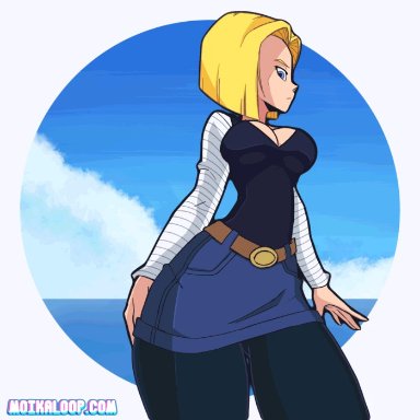 1girls, android 18, animated, ass, breasts, cleavage, cum dump, dragon ball, dragon ball z, female, female only, imminent rape, imminent sex, looking at viewer, looking back