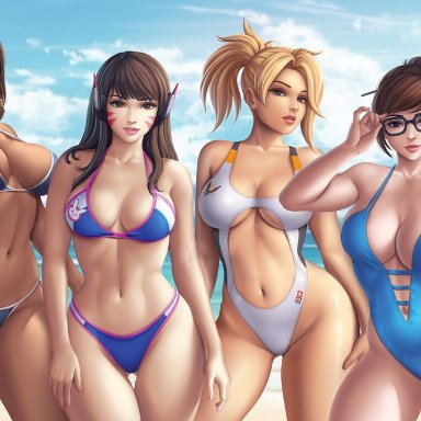 6girls, alternate costume, bikini, breasts, cleavage, cote d'azur widowmaker, d.va, female, female only, flowerxl, mei (overwatch), mercy, one-piece swimsuit, overwatch, pharah