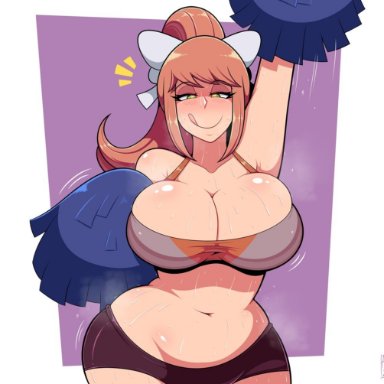 :p, 1girls, androjuniarto, big breasts, blush, brown hair, cheerleader, doki doki literature club, female, green eyes, hair ribbon, heart eyes, heart-shaped pupils, huge breasts, large breasts