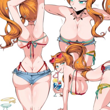 1girls, aqua eyes, ass, big ass, big breasts, blush, female, hair ornament, hearts, large breasts, micro bikini, minishorts, necklace, nintendo, orange hair