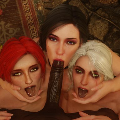 3d, 3girls, bbc, big penis, black hair, black skin, blender, blowjob, choker, ciri, dark skin, dark-skinned male, echiee, eyeshadow, female