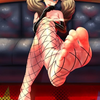 amaaay zing, ann takamaki, feet, fishnets, foot fetish, foot focus, looking at viewer, persona, pov, soles, toes