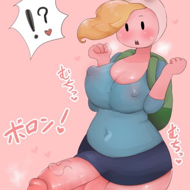 !?, 1futa, adventure time, balls, big breasts, big penis, blonde hair, blush, cartoon network, erect nipples under clothes, erection, fionna the human girl, futanari, heavy breathing, huge cock