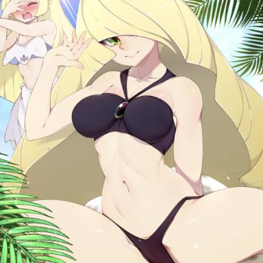 2girls, bikini, blonde hair, blush, closed eyes, female, female only, green eyes, lillie (pokemon), lusamine (pokemon), mature female, milf, mother, mother and daughter, nintendo