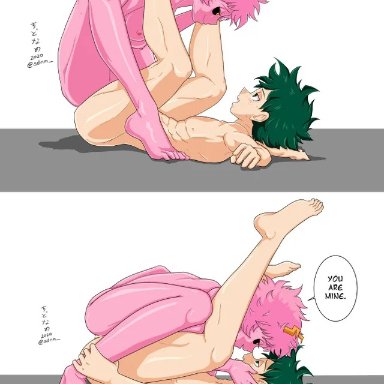 1boy, 1girls, abs, amazon, amazon position, black sclera, blush, blushing, cute, femdom, green eyes, green hair, hand on face, horns, izuku midoriya