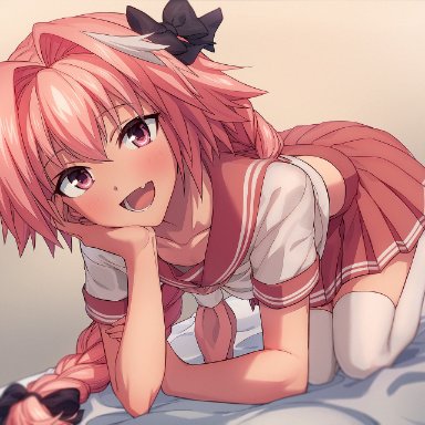 1boy, all fours, astolfo (fate), bed sheet, blush, braid, clavicle, clothing, crossdressing, down blouse, fang, fate (series), fate/grand order, flat chest, male