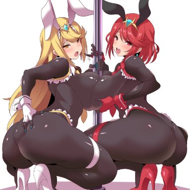 2girls, ahoge, animal ears, ass, ass grab, blonde hair, blue nails, blush, bodysuit, breast press, breasts, bunny ears, curvy, deep skin, dual persona