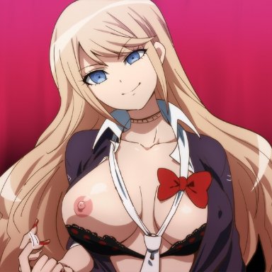 10s, areola, beckoning, black bra, blonde hair, blue eyes, bow, bra, breasts, come hither, danganronpa, danganronpa 1, fingernails, gyaru, hair down