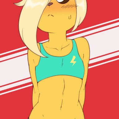 adventure time, anthro, blonde hair, blush, bronwyn, bulge, denim shorts, dezz, erection, erection under clothes, flat chest, futanari, hair over one eye, midriff, penis shaped bulge