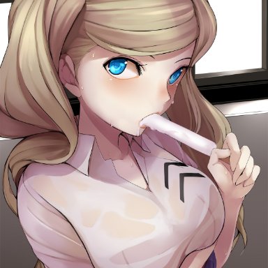 1girl, ann takamaki, big breasts, blonde hair, blue eyes, clothed female, dildo, eyelashes, female, female focus, female only, ice cream, long hair, looking at viewer, naughty face