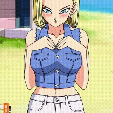 android, android 18, animated, big breasts, blonde hair, blue eyes, clothed female, dragon ball, dragon ball z, female, female focus, female only, foxybulma, nipples, solo