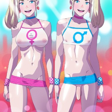 1boy, 1girls, big breasts, bimbo, blonde hair, blue eyes, blue skirt, blush, choker, earrings, eyeshadow, female symbol, hairclip, lipstick, makeup