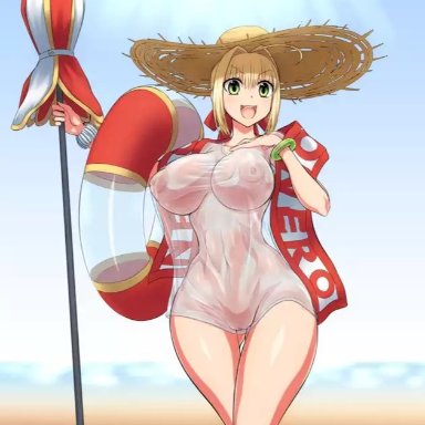 1girls, background, beach, big ass, big breasts, big hips, blonde hair, blush, curvy, fate/grand order, green eyes, jadf, lifebuoy, looking at viewer, nero claudius (fate)