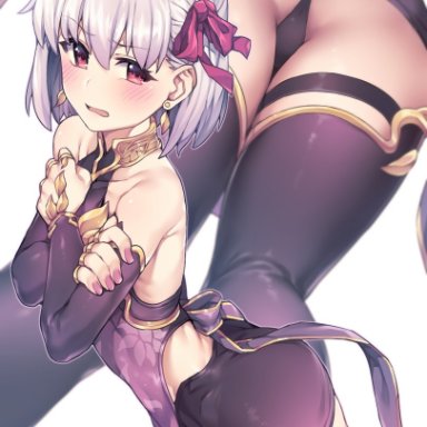 ass, bangs, bare shoulders, black legwear, black panties, black underwear, blush, breasts, detached sleeves, dress, earrings, eyebrows visible through hair, fate (series), fate/grand order, female