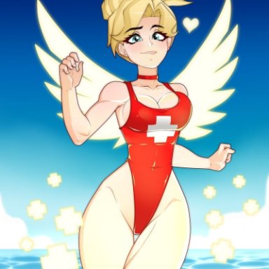 1girls, big breasts, breasts, cleavage, female, female only, large breasts, looking at viewer, mercy, one-piece swimsuit, overwatch, pinup, rodjim, solo, swimsuit