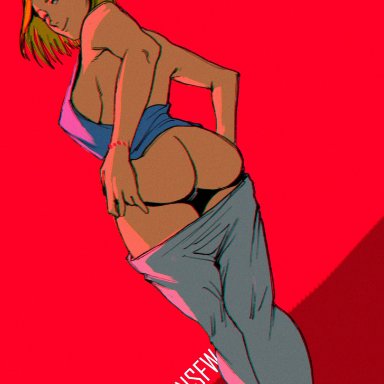 1girl, android 18, ass, bare ass, bare shoulders, blonde hair, chromatic aberration, dragon ball, dragon ball z, from behind, looking at viewer, nastacicnsfw, presenting ass, red background, short hair