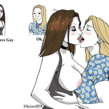2girls, areolae, aroused, blonde hair, breasts outside, camisole, closed eyes, dress, english text, floral print, kissing, large breasts, lesbian, lips, meme