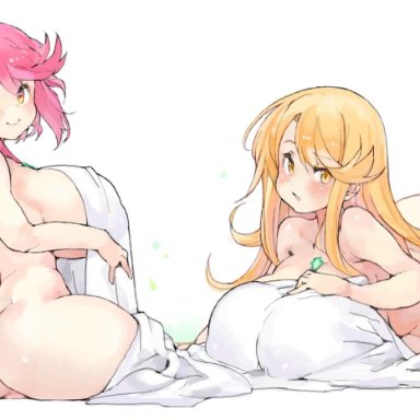 2girls, back, big ass, big breasts, big butt, blonde hair, blush, hikari (xenoblade 2), himazin, homura (xenoblade 2), huge ass, huge breasts, huge butt, laying on side, long hair