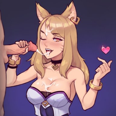 1boy, 1girl, 1girls, ahri, blowjob, breasts, cleavage, cum, holding penis, k/da ahri, league of legends, penis, sneakveek