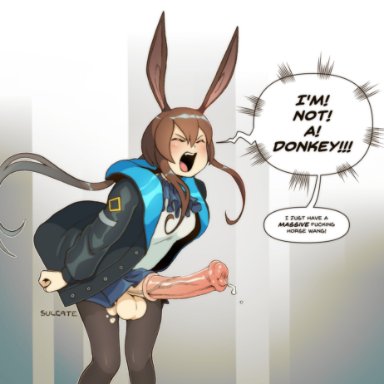 1futa, amiya (arknights), angry, animal ears, arknights, artist name, ascot, bangs, black jacket, black legwear, blush, breasts, brown hair, bunny ears, clenched hand