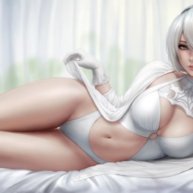 bangs, bed, bedroom, cardigan, clothed, gloves, half naked, laying down, lingerie, looking at viewer, lying down, lying on side, mirco cabbia, nier: automata, sciamano240