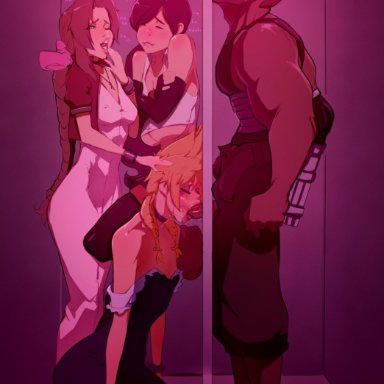 aerith gainsborough, barret wallace, black, blonde hair, cloud strife, crossdressing, dark-skinned male, dress, femboy, final fantasy, glory hole, interracial, laugh, lipstick, pee-kay