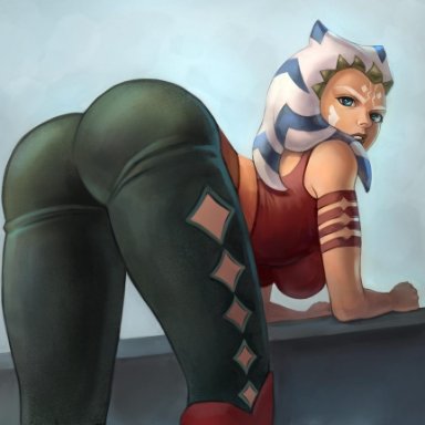 1girl, ahsoka tano, alien, alien girl, bent over, bent over table, blue eyes, boots, clone wars, clothed, clothing, face tattoo, facial markings, footwear, leaning forward