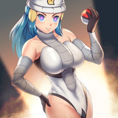 1girls, big breasts, blue eyes, blue hair, dawn (pokemon), haryudanto, hat, holding poke ball, mind control, nintendo, pale skin, pale-skinned female, pokeball, pokemon, pokemon dppt