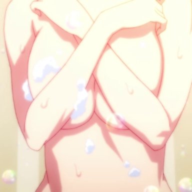 16:9 aspect ratio, 2girls, animated, ass, bakemonogatari, bathing, bathroom, blue eyes, breast press, breasts, censored, convenient censoring, female, hanekawa tsubasa, hug