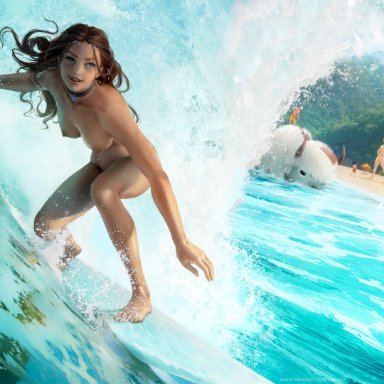 aang, appa, areolae, artistic nude, athletic, avatar the last airbender, balancing, barefoot, bathing, beach, blue eyes, breasts, brown hair, canon couple, casual nudity