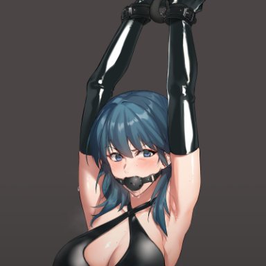 1girls, armpits, arms up, ball gag, bdsm, belly button, big breasts, blue eyes, blue hair, blush, bondage, breasts, byleth (female), byleth (fire emblem), byleth (fire emblem) (female)