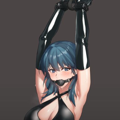 1girls, armpits, arms up, ball gag, belly button, big breasts, blue eyes, blush, bondage, byleth (female), byleth (fire emblem), byleth (fire emblem) (female), chains, cleavage, dildo