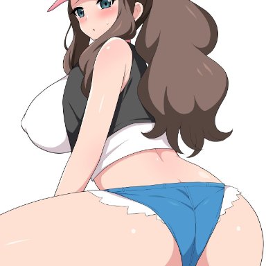 1girls, ass, big ass, big breasts, blue eyes, blush, brown hair, cameltoe, female, haikome, hat, hilda (pokemon), large breasts, long hair, minishorts