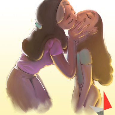closed eyes, clothed, clothes, clothing, connie maheswaran, female, female only, french kiss, french kissing, hand on cheek, hand on face, head grab, head thrown back, incest, kiss