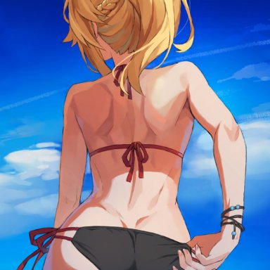 1girls, absurdres, adjusting clothes, adjusting swimsuit, ass, back, bikini, black bikini, blonde hair, blue sky, bracelet, braid, cloud, cowboy shot, day