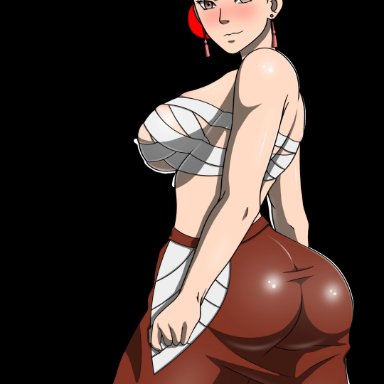 ass, bandages, blush, boruto: naruto next generations, breasts, brown eyes, double bun, earrings, female, female only, guja (artist), huge ass, jewelry, looking at viewer, looking back