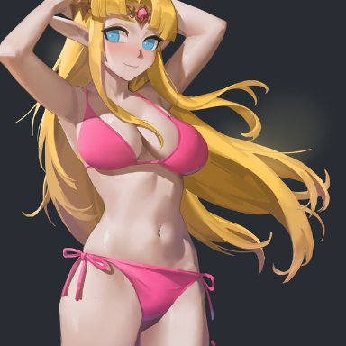 blonde hair, blue eyes, blush, female, female only, hands behind head, long hair, looking at viewer, medium breasts, pink panties, princess zelda, solo, the legend of zelda, zelda (a link to the past)