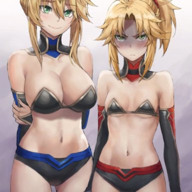 2girls, ahoge, angry, arm behind back, artoria pendragon, artoria pendragon (lancer), bangs, bare shoulders, big breasts, black bra, black legwear, black shorts, blonde hair, blush, bra