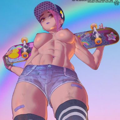 abs, bandage, beach bomber, booty shorts, breasts, clothes, fortnite, hat, looking down, mila the mute, milathemute, nipples, skateboard, solo, solo female