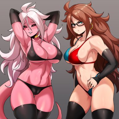 2girls, android 21, arms up, big breasts, bra, breasts, cameltoe, cleavage, dragon ball, dragon ball fighterz, dragon ball z, female, female only, glasses, jmg